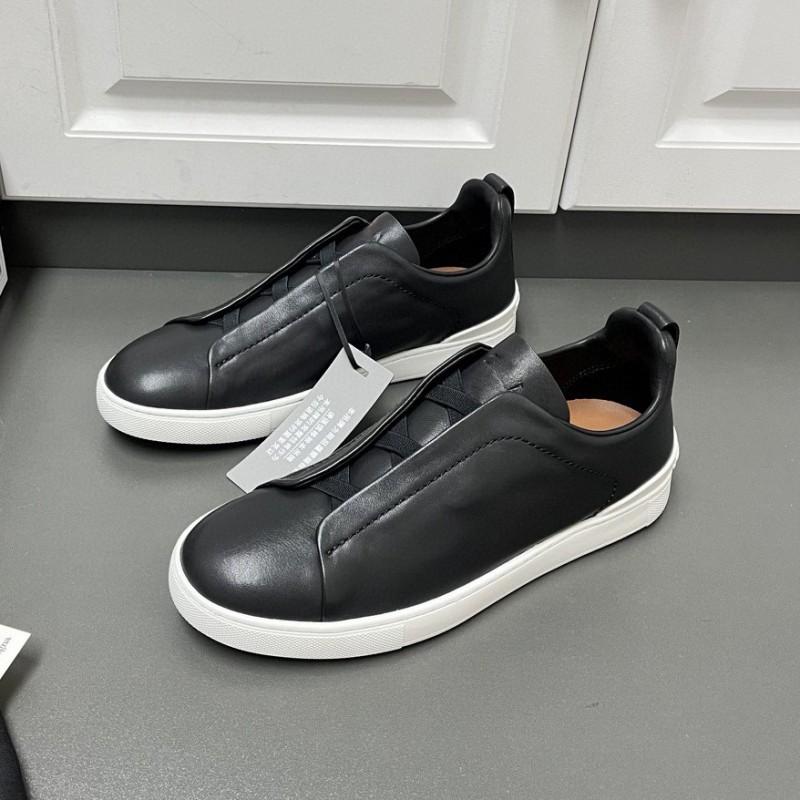 Mens Genuine Leather Slip-On Casual Sneakers With Elastic Band Comfortable Breathable Low-Top Flat Shoes