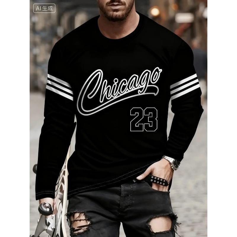 Men's 3D  "Chicago 23" Printed Long Sleeved Sports T-shirts Round Neck Breathable Perfect for Casual Wear Daily T-shirts