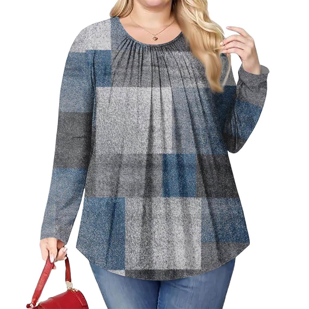 Women's Plus Size Fashion Printed Casual Pleated Round Neck Long Sleeve Top