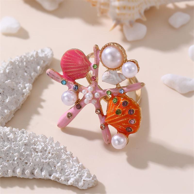 

Enamel Starfish Rings for Women Unisex Pearl Shell Sea Plant Rings Inlaid Crystal Knuckle Exquisite Finger Zircon Accessories