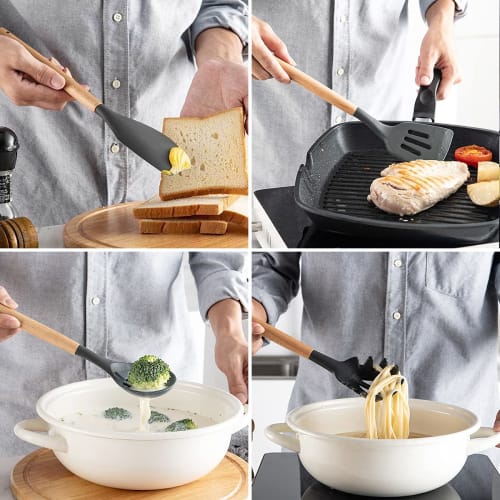 Shumeifang 13-Piece Kitchen Tool Set, Silicone & Stainless Steel, Includes Whisk, Spatula, Ladle, Spoon, Tongs, Spaghetti Server, and Spatula, with St