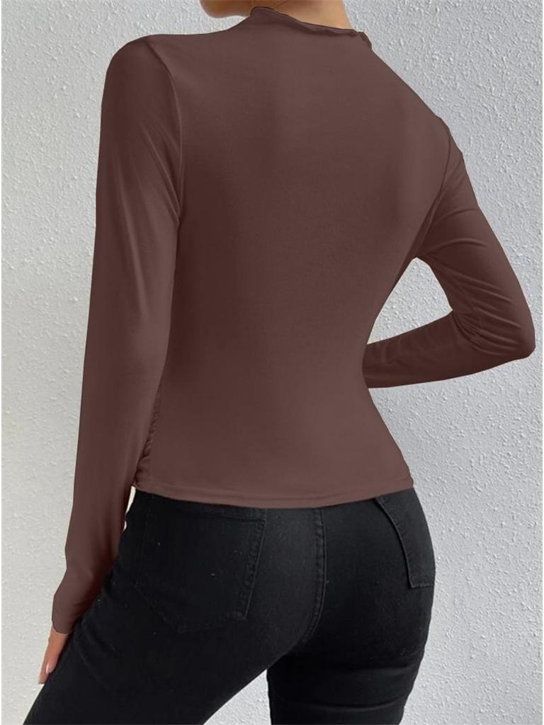2024 High Neck Solid Color Slim-Fit Women's Long Sleeve Ruched T-Shirt