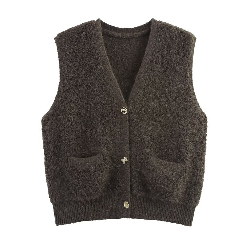 Kaslead New Women clothes Western Style Towel Knitted Classic Style V-neck Pocket Cardigan sweater Vest Vest