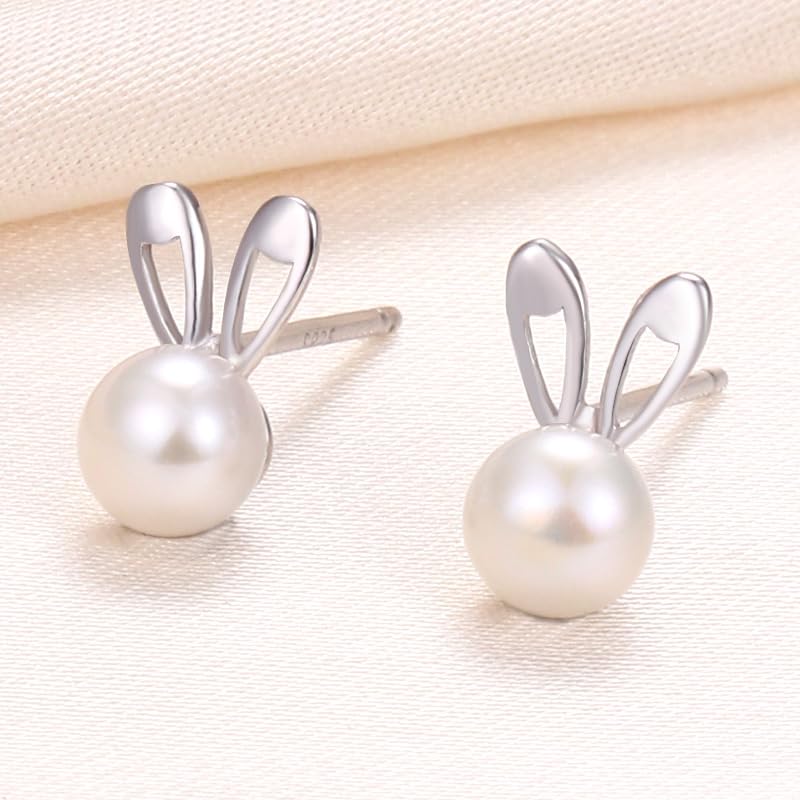 freshwater pearl earrings Rabbit ladies pearl one grain silver 925 cute stud Leave it on Smaller Compatible with metal allergies gold everyday use