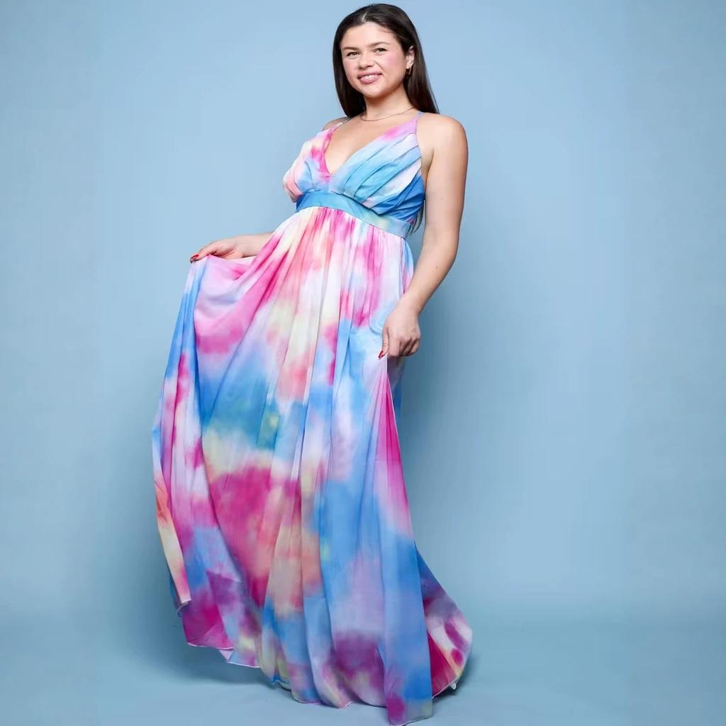 Europe, America, Amazon 3D Digital, Women's Sleeveless Tie-Dye Printing Cross Halter Dress