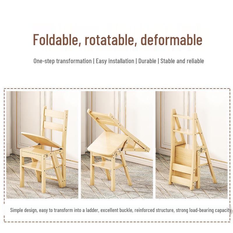 Solid Wood Reversible Three-Step Folding Ladder Stool for Indoor Use