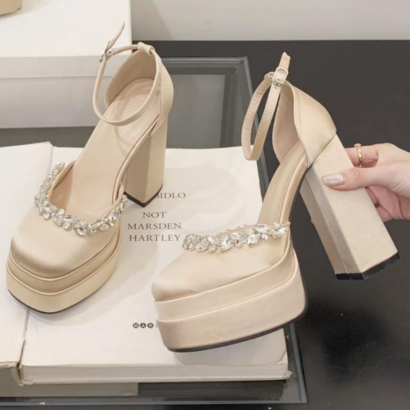 Fashion Luxury Rhinestone Satin Women Sandals Waterproof Double Platform Heeled Shoes Woman 12 Cm Super High Heel Party Prom Women Shoes