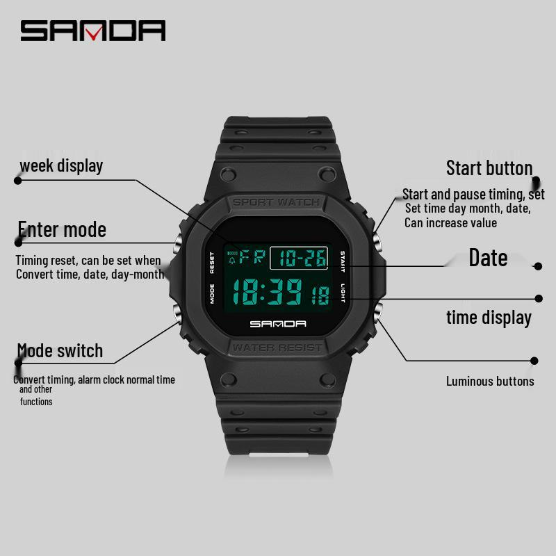 Sanda Waterproof Multi-functional Sports Watch - Fashionable Unisex, Simple Display, for Outdoor Activities
