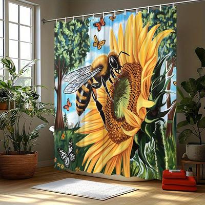 1pc Bee & Sunflower Shower Curtain - Butterflies Botanical Art, Polyester, 70.8x70.8 Inches, 12 Hooks, Elegant Bathroom Decor