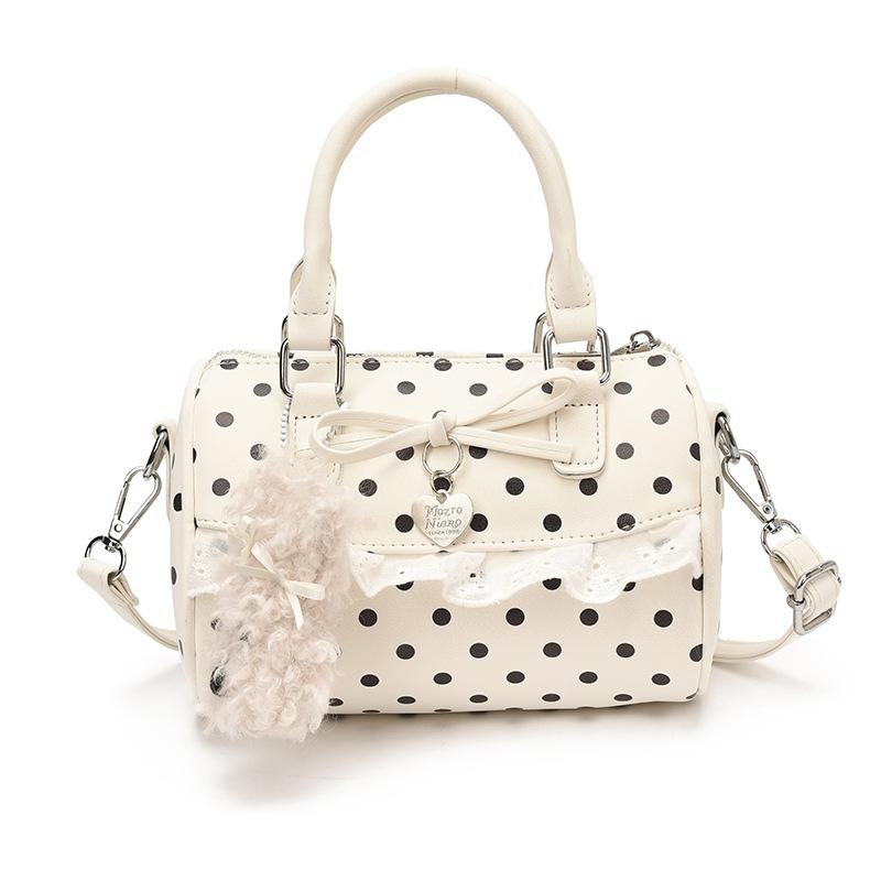 Retro Polka Dot Bow Boston Bag Korean Lace Embroidery Trim Crossbody Bag Women Cute Lolita Zippered Handbag With Pendant