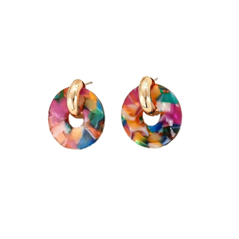 Vintage Acrylic Colorful Spliced Circul Stud Earrings for Women Ladies Creative Design Hollow Earrings Party Jewelry Accessories