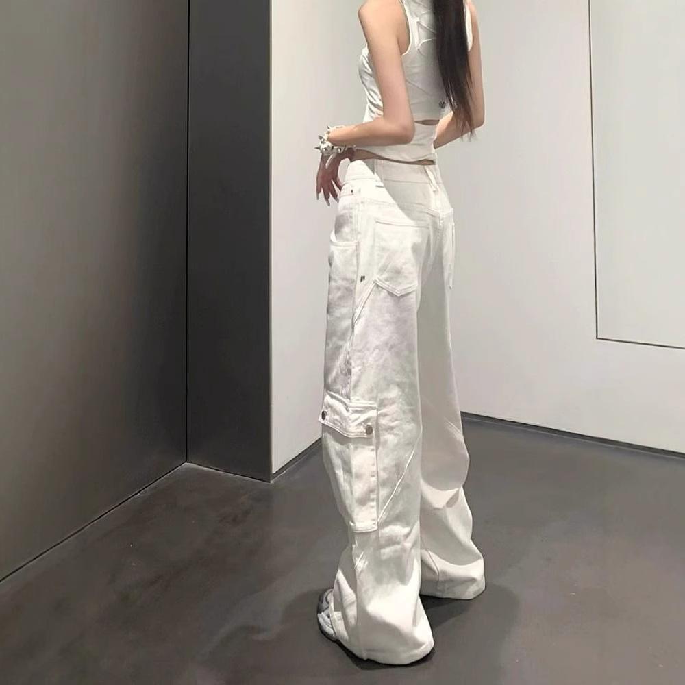 American vibe heavy industry design white tooling jeans women's autumn and winter high waist loose and thin wide leg floor pants