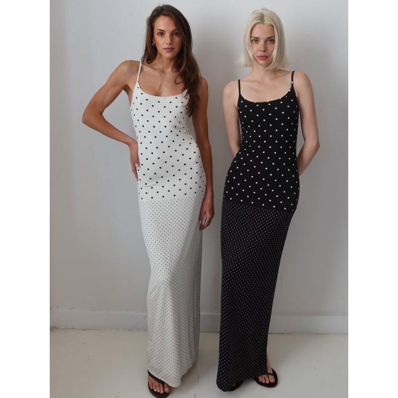 Women's Autumn New Polka Dot French Long Dress with Suspender Sleeveless Hip Wrap Slim Dress Women