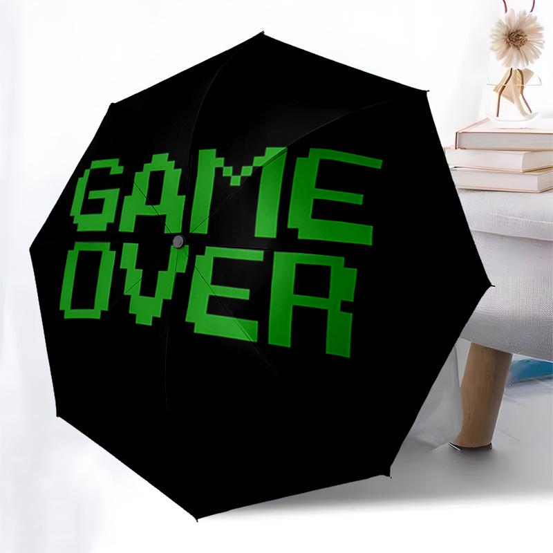Game Over Pixel Art Design Automatic Opening Folding Umbrella with 8-Bone Iron Frame - Portable and Durable for Travelers, Fans, and Everyda