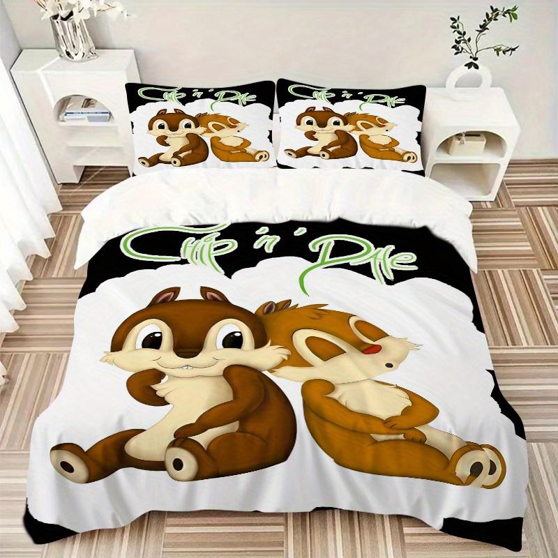 3pcs Cute Chip 'n' Dale Quilt Set Soft and Comfortable Bedroom, Guest Room and Dorm Decor Bedding Set 1 Quilt Cover + 2 Pillowcases.S029