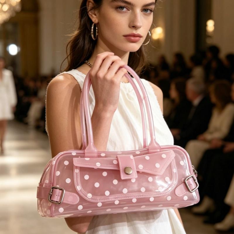 Bolso de Mano Transparente de PVC con Lunares Dulces Tubo de Gelatina Color Caramelo Mini Bolso de Hombro con Asa Superior Bolso Tote para Vacaciones de Verano en la Costa