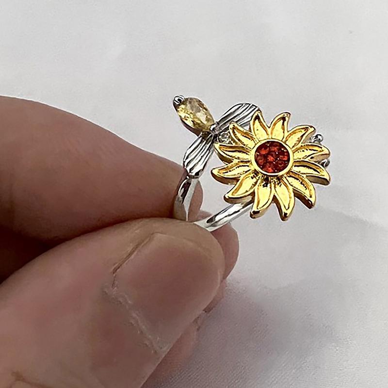 Opening Adjustable Spinning Sunflower Bee Release Stress Ring Rotatable Zircon Copper Finger Ring For Women Fashion Jewelry