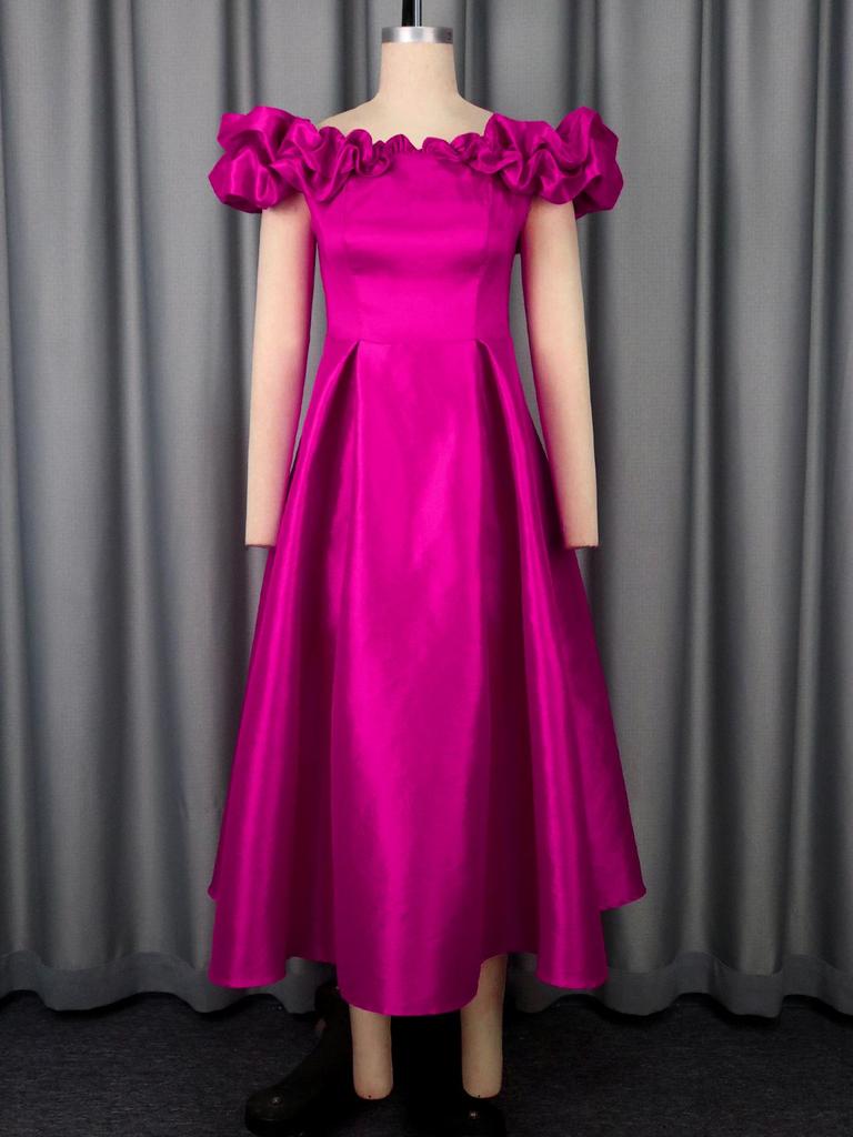 Robe Midi Rose Vif à Volants Décolleté Bardot pour Femme Grande Taille avec Taille Cintrée et Bas Évasé - Robe Élégante