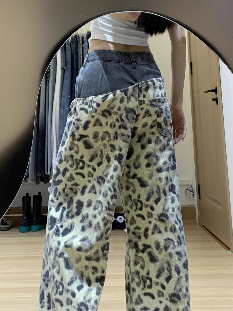 Women's Leopard Print Ripped Wide-Leg Jeans with Double Waistband - Slimming Patchwork Floor-Length for Early Autumn.