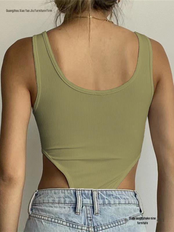 Sexy Slim-Fit Ribbed Cotton U-Neck Tank Top Jumpsuit with High Slit - European & American Summer Collection