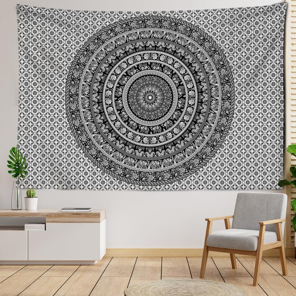 Schwarz Weiß Mandala Wandteppich Wandbehang Kunst Blumen Psychedelisch Hexerei Böhmen Schlafzimmer Heimdeko