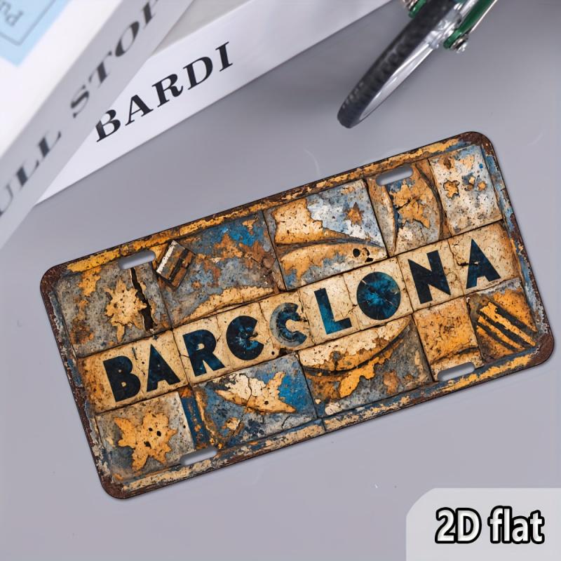 2D Piatto - Segno Artistico da Parete in Metallo Vintage Barcellona - Decorazione in Alluminio Rustico da 6x12 Pollici con Finitura Usurata per Casa, Bar, Ufficio