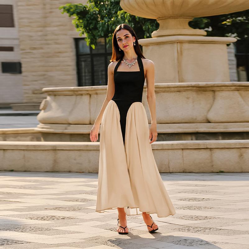 Women's Black and White Spliced Hanging Neck Backless Long Dresses U-neck Daily Casual Versatile Style Summer New Women's Contrasting Dresses