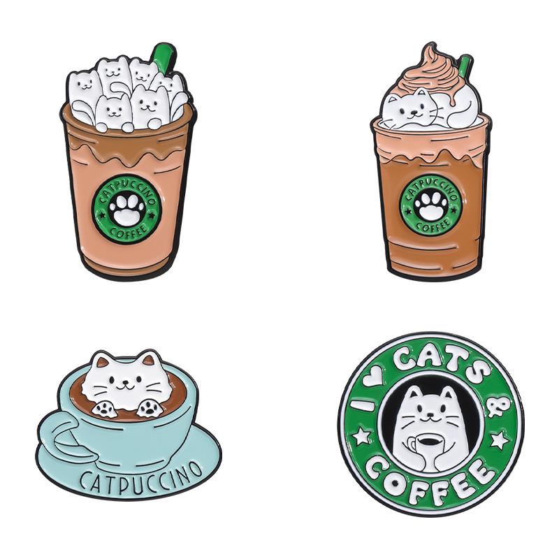 Cat On Coffee Cup Ice Cream Enamel Pin Funny Brooch Cartoons Badge For Bags Jeans Hoodies Denim Lapel Pin Jewelry Kids Best Gift