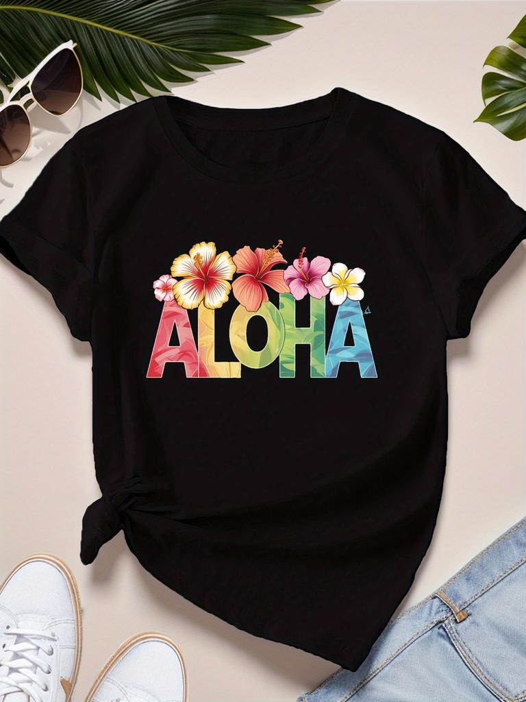 ALOHA with Tropical Flowers Women's Sports Short Sleeve T-Shirt Summer Short Sleeved Harajuku Streetwear Tops Aesthetic Clothes