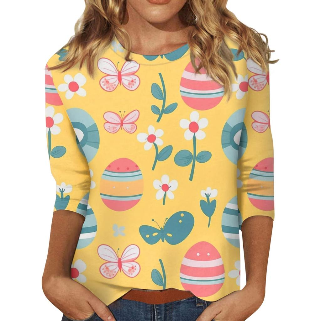 Damen Osterhasen T-Shirt Mode Langarm Rundhals Normales Oberteil Feiertagswochenende Print Floral Rot Frühling Herbst Outfit