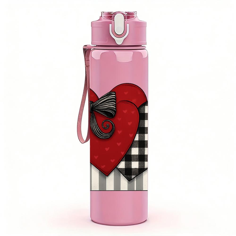 1PC Checkered Heart Ribbon 750ml Color Plastic Sports Water Bottle Leakproof Flip Straw Lid For Sports Office Home Use
