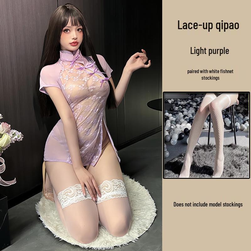 Mu Xiaochu Lace Patchwork Cheongsam Sexy See-Through Lingerie Set with Tie-Up Nightdress for Women X14