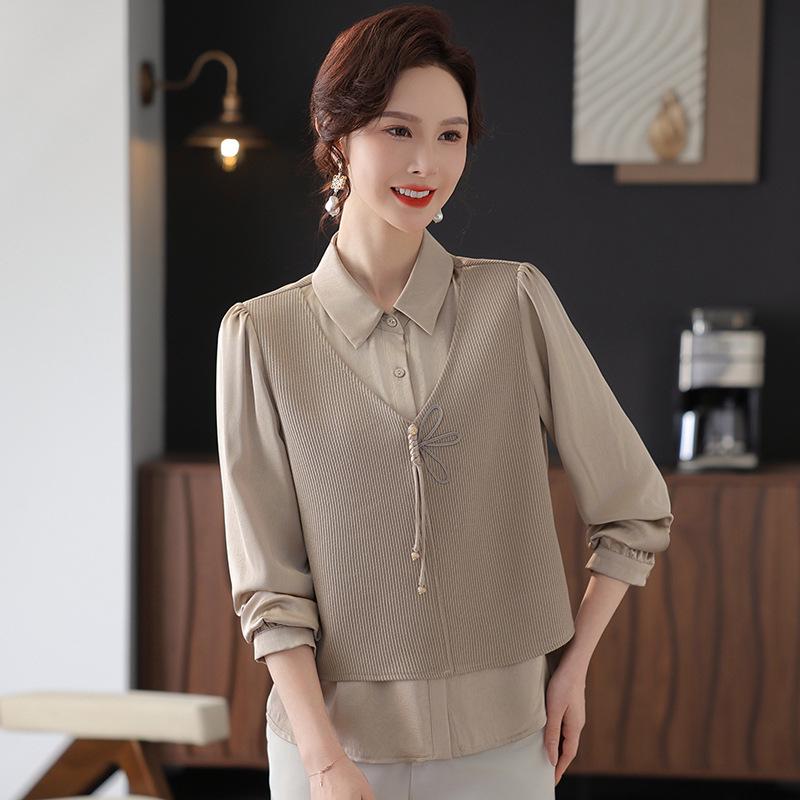 Women's Fashion Splicing Long Sleeve Two-Piece Shirt - Spring 2025 Collection for Middle-Aged Mothers