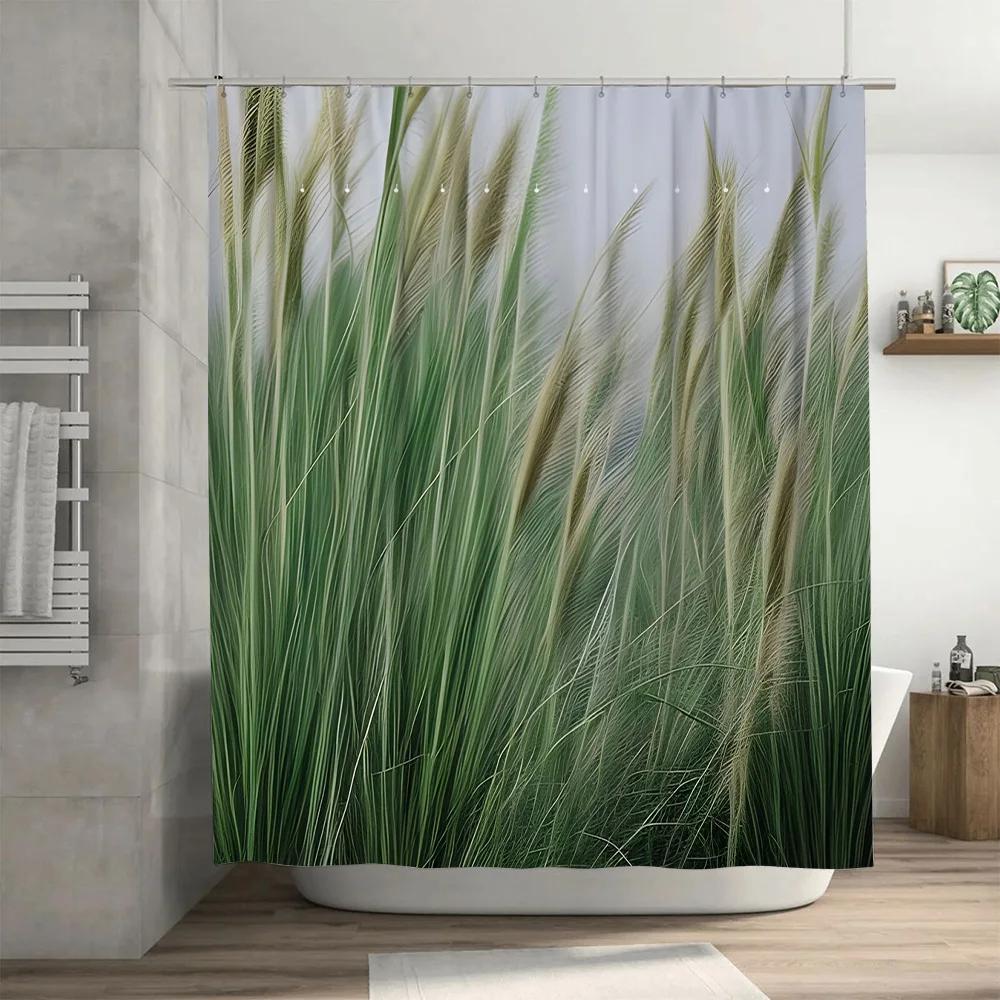 Greenery Bath Curtain Wild Grass Print Shower curtain for Bathroom Decor White Bathtub Fit 72 x 84 Inches Waterproof Fabric Home