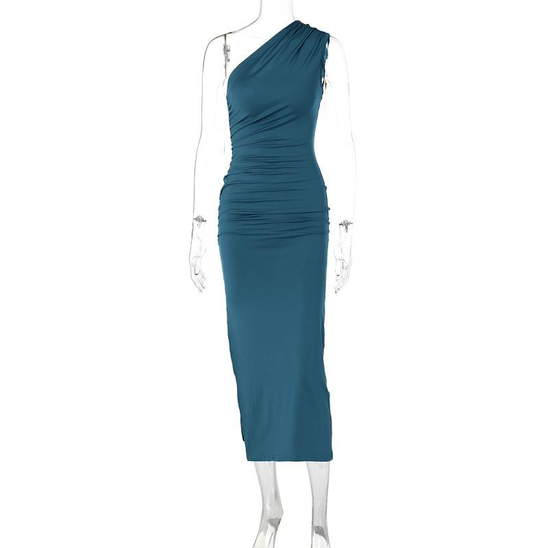 Women European Style One Shoulder Solid Color Slit Sleeveless High Waist Slim Sexy Long Dress