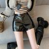 Women Streetwear Black Leather Shorts High Waist Wide Leg Hot Pants