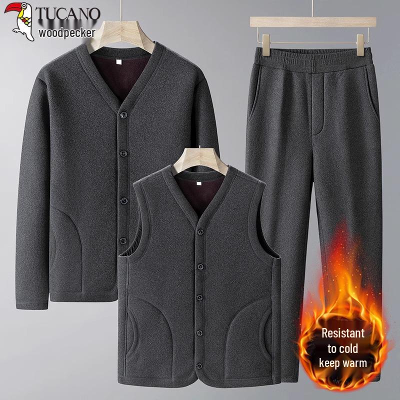 Woodpecker Dad Winter Fleece-Lined Men's Three-Piece Set: Thickened Cotton Coat, Vest, and Cardigan Jacket for Middle-Aged and Elderly.