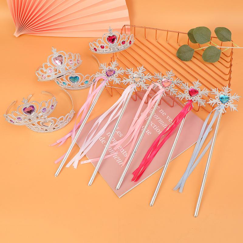 Girls Princess Crown Headband Bow Hair Accessories Snowflake Ribbon Magic Wand Set for Kids Birthday Party Dress Up