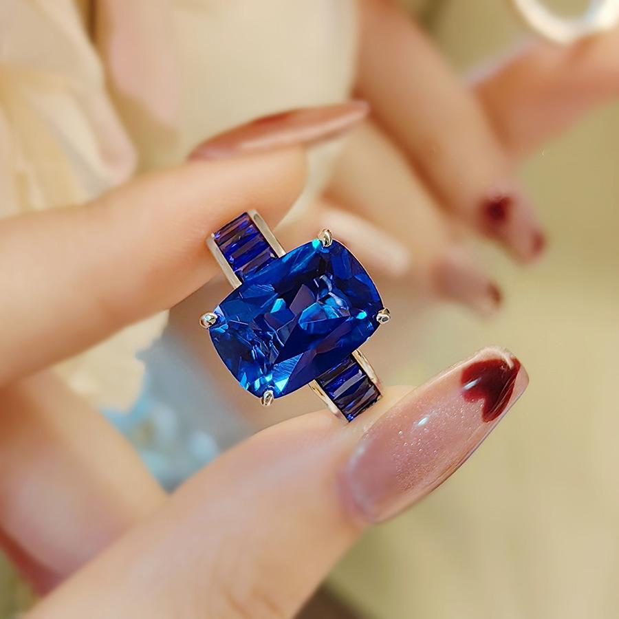 Rectangle Glitter Diamond Ring Women'S High-End Elegant Pink Crystal High Carbon Diamond Imitation Spinel Blue Women'S Ring