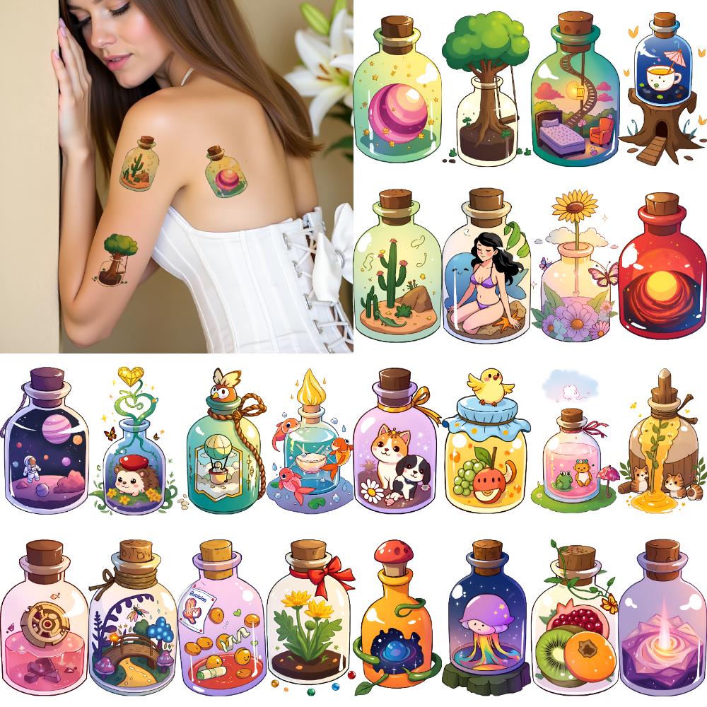 28 Stück Temporäre Tattoos Aquarium Temporäre Tattoo-Aufkleber Baum Planet Cartoon Früchte Für Schultern Frauen Mädchen