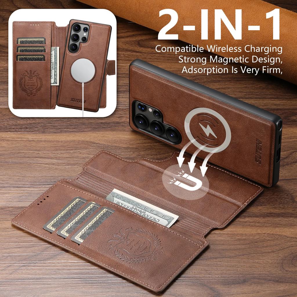 Detachable Magnetic Wireless Charging Bracket Card Wallet Flip Case for Samsung Galaxy S25 Ultra S22 S23 S24 Ultra Leather Cover
