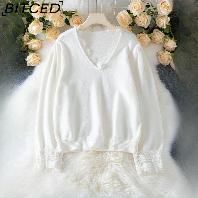 

BITCED Осенне-зимний элегантный женский пуловер с длинными рукавами с кружевными вставками L белый