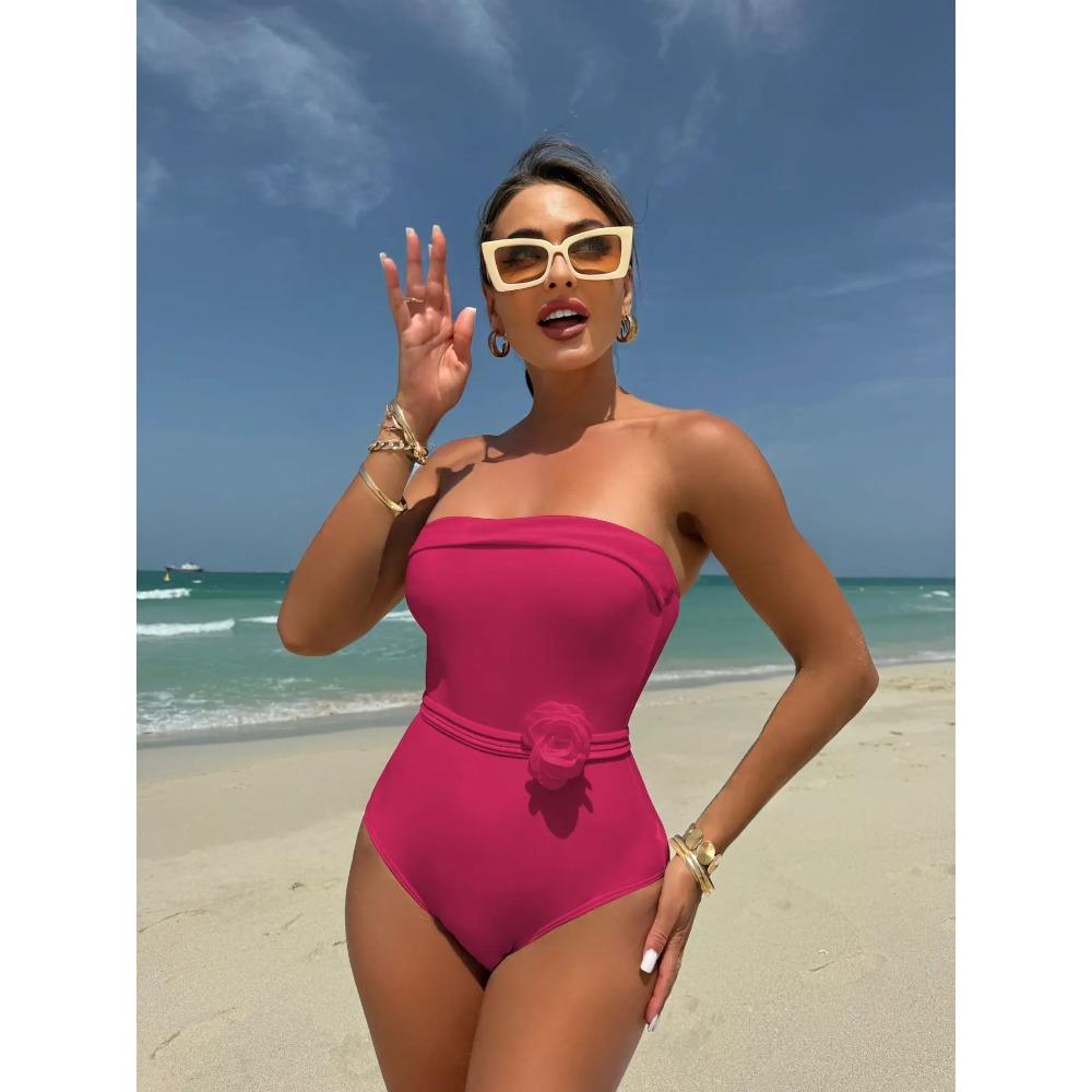 

Sexy Bandeau One Piece Swimsuit 2026 Women White Black 3D Flower Rose Bandage Cross Slim Fit Bathing Suit Tummy Control Swimwear L гарячі рожевого кольору
