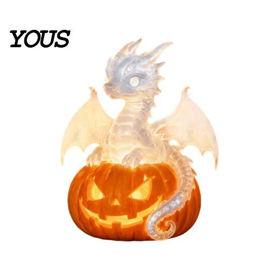 Dark Fantasy Room Accents Halloween Pumpkin Resin Lamp, Gothic Glowing Tabletop Decor for Home, Ornaments Spooky Dragon Ghost Black Cat Ornament,
