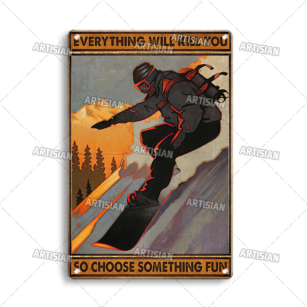 Artisian Skiing Snowboarding Metal Poster Sledding Tin Plaque Sport Decorative Plate Wall Decor Garage Bar Pub Club Hotel Cafe