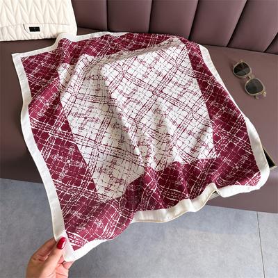 Burgundy Plaid Herringbone Pattern Cotton and Linen Small Square Scarf Silk Scarf Imitation Velvet Headscarf Shawl Sun Protection Scarf Women's Scarf
