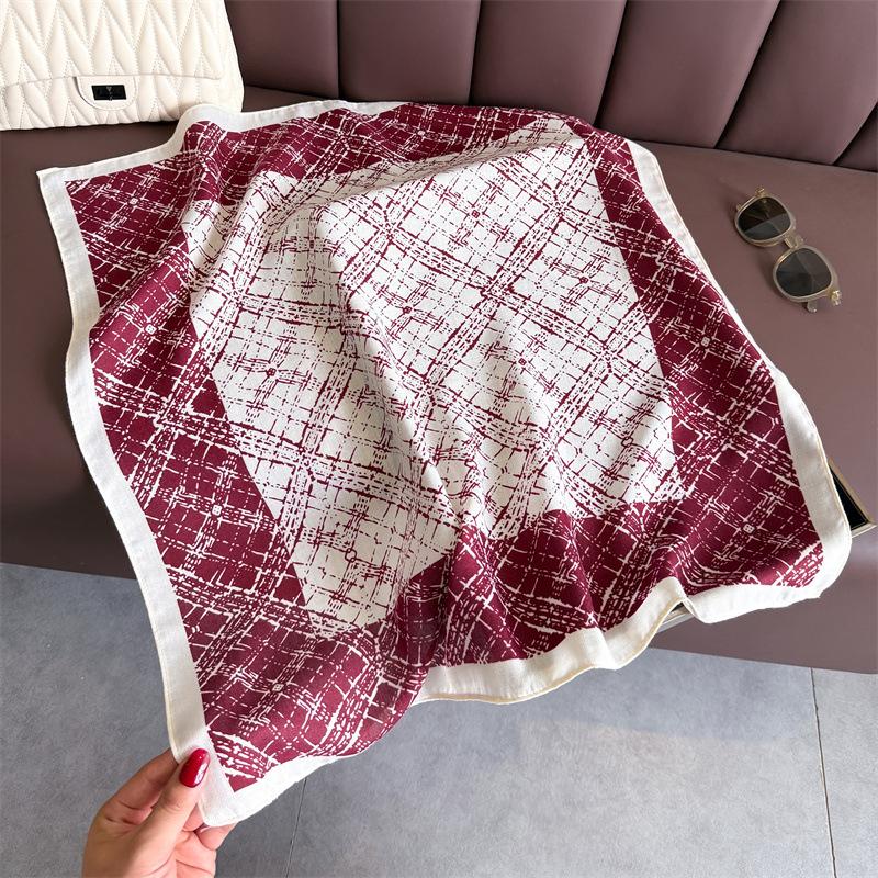 Burgundy Plaid Herringbone Pattern Cotton and Linen Small Square Scarf Silk Scarf Imitation Velvet Headscarf Shawl Sun Protection Scarf Women's Scarf