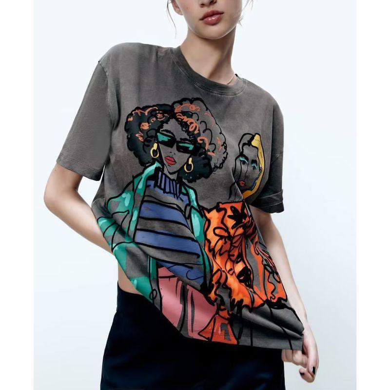 Autumn and Winter New Design Sense Niche Retro Round Neck Short Sleeve Top Girl Print T-shirt 1131897
