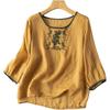 2024 Summer Retro Embroidered Cotton-Linen Colorblock Chinese Style Pullover Shirt