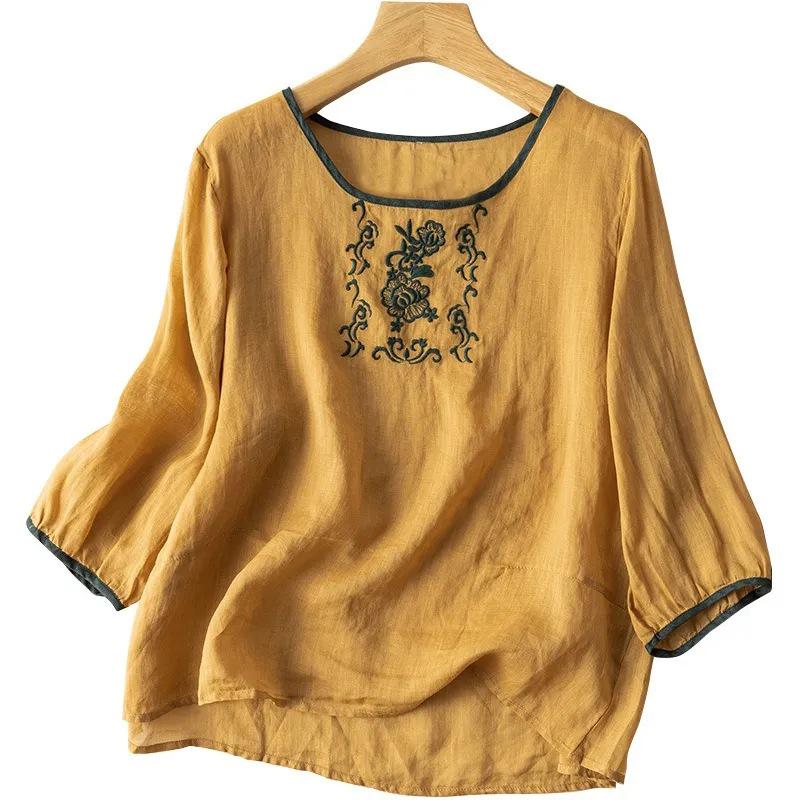 2024 Summer Retro Embroidered Cotton-Linen Colorblock Chinese Style Pullover Shirt